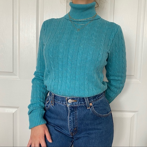 y2k teal blue cable knit turtle neck sweater - Picture 1 of 2